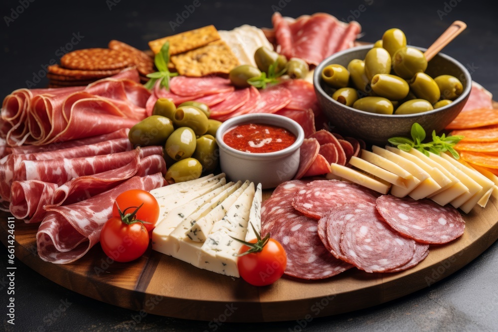 Wall mural Charcuterie board on black background. Cheese, Prosciutto di parma ham, salami and olives