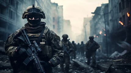 War concept, Several modern soldiers fully equipped in a dusty and smoggy environment facing the camera, battle gear, conflict, warzone, military formation - obrazy, fototapety, plakaty