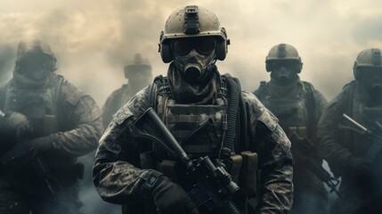 War concept, Several modern soldiers fully equipped in a dusty and smoggy environment facing the camera, battle gear, conflict, warzone, military formation