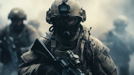 War concept, Several modern soldiers fully equipped in a dusty and smoggy environment facing the camera, battle gear, conflict, warzone, military formation