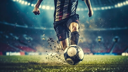 Soccer player running fast with ball by his feet on grass pitch. Postproducted generative AI illustration.