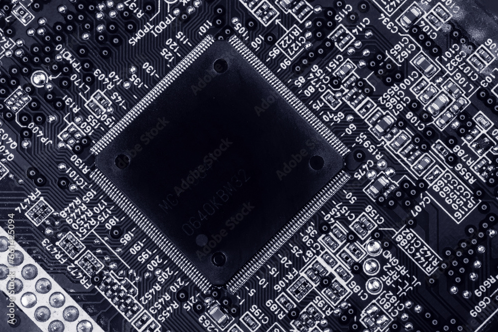 Poster macro close up of components and microchips on pc circuit board