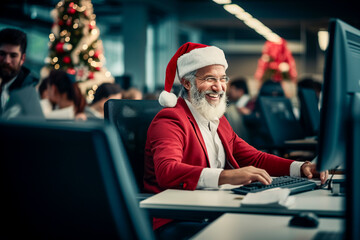 executive with santa hat with his colleagues in the office - obrazy, fototapety, plakaty