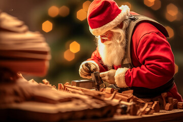 santa claus carpenter in his carpentry creating wooden toys for christmas - obrazy, fototapety, plakaty