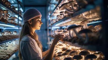 A female agricultural researcher in agricultural clothing is inspecting mushroom cultivation. Researchers are investigating growing mushrooms in the lab. - obrazy, fototapety, plakaty