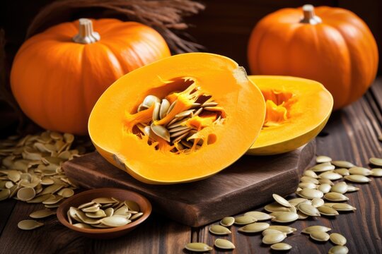 Sliced pumpkin with seeds on a wooden background