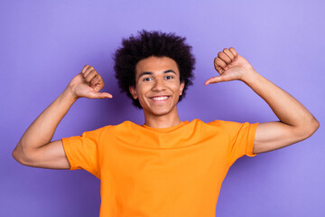 Portrait of funky positive person toothy smile point thumb fingers self himself isolated on purple color background