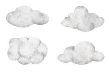 Grey air clouds. Cute baby Watercolor illustration. Isolated. Design for logo, kid's goods, clothes, textiles, postcards, baby shower and children's room