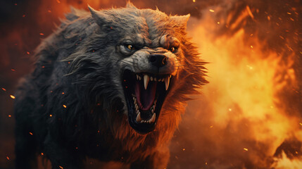 Furious angry wolf in the fire of destruction