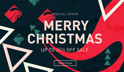 Merry Christmas and Happy New Year. Trendy Abstract 3D Pattern with Liquid Strips, Triangle. Art Xmas for Web, Social Media, Print.Special Offer 20% for Poster, Banner, Placard, Cover.