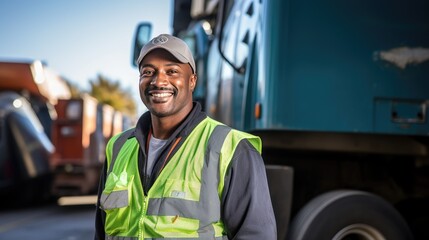 A recycling worker stands smiling and looks at the camera next to a garbage truck. Transporting garbage and garbage - obrazy, fototapety, plakaty