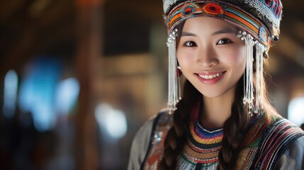 Hmong girl smiles Dressed in beautiful tribal clothing