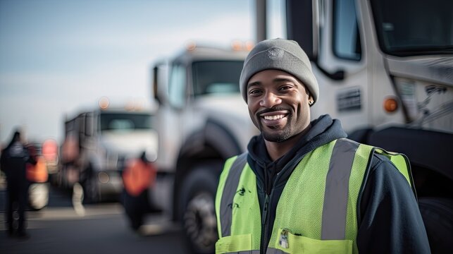 A recycling worker stands smiling and looks at the camera next to a garbage truck. Transporting garbage and garbage