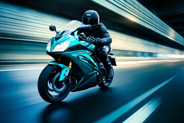 blue motorbike rider at high speed along the highway,   3d rendering, AI generative  