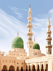 Fototapeta na wymiar Nabawi Mosque, minarets and domes, rendered in impressionism style, generative ai