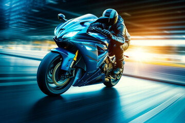 blue motorbike rider at high speed along the highway,   3d rendering, AI generative  