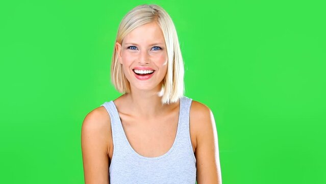 Green screen, face and knocking and hello of woman in studio isolated on a background. Hand of person asking who is there, wave and smile in welcome greeting, meeting or communication in portrait