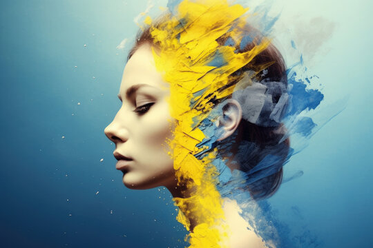 Collage in yellow blue colors with ukrainian woman head, war