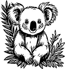 Koala with a branch black and white vector illustration | Silhouette of a koala svg