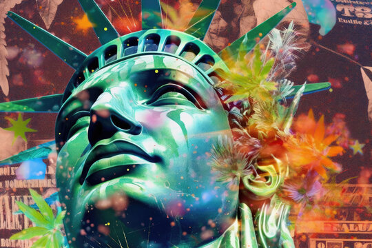 Collage with the head of the Statue of Liberty and green leaves
