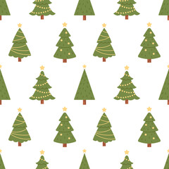 Stoffe zum Nähen Vector seamless pattern with christmas trees. Fir trees with garlands and balls on white background. New Year and Christmas wrapping design.