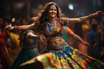 Indian woman Performing garba dance. Garba dance is performed in Navratri festival. - obrazy, fototapety, plakaty