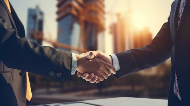 Business People Handshake Sealing Modern Construction Deal. Generative ai