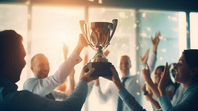 Man Holding Golden Prize Cup at Business Team Meeting. Generative ai