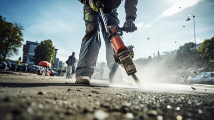 Construction worker with pneumatic hammer drilling equipment destroys the asphalt of the road