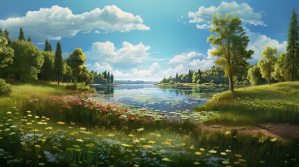 Fototapeta premium Beautiful colorful summer spring natural landscape in the park with a lake surrounded by green foliage trees in sunlight and stone path in the foreground.