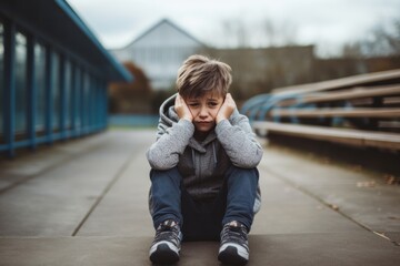 Spanish 9-year-old boy sitting alone in a schoolyard sad and scared. Concept of school bullying and harassment. - obrazy, fototapety, plakaty