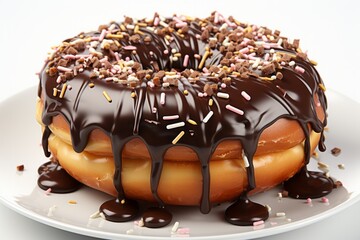 Chocolate-frosted donut with a rich, decadent cocoa glaze and chocolate drizzle, Generative AI - obrazy, fototapety, plakaty