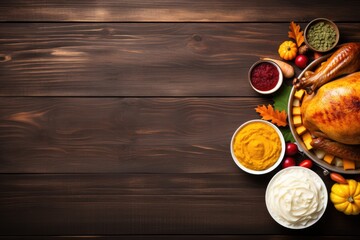 Traditional Thanksgiving turkey dinner. Above view - obrazy, fototapety, plakaty