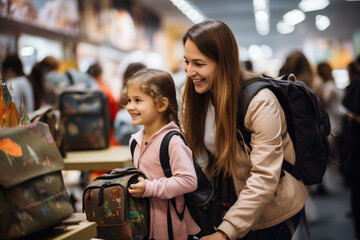 Portrait of Mother and Daughter in a Shopping Mall, Smiling and Trying on Backpacks for School - obrazy, fototapety, plakaty