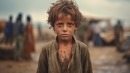 Closeup of a ghetto boy, a starving orphan in a war refugee camp. With a sad expression and clothes and eyes filled with pain - obrazy, fototapety, plakaty