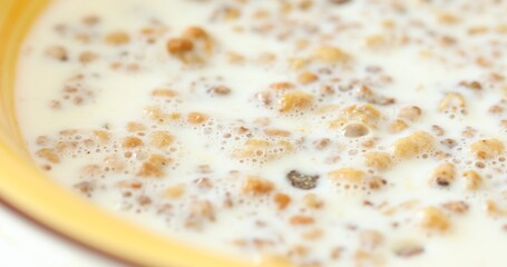 Granola or muesli with milk in a bowl. Healthy food. Preparing breakfast. Close-up.