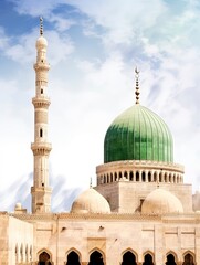 Nabawi Mosque, minarets and domes, rendered in impressionism style, generative ai
