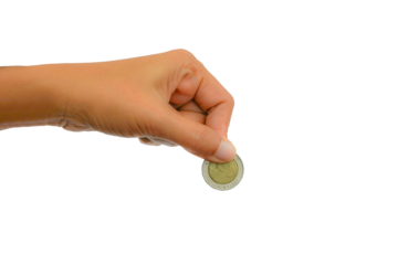 Woman hand holding coin to collecting on white background transparent png. Saving concept.