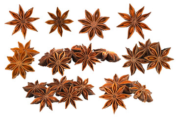 A group of star anises isolated on white background with transparent png.