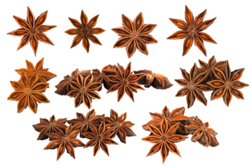 A group of star anises isolated on white background with transparent png.