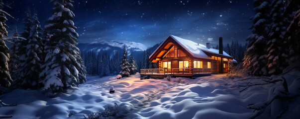 Idyllic log cabin in the forest in the evening, winter scene - obrazy, fototapety, plakaty