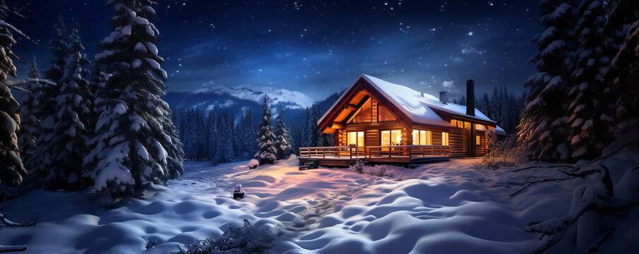 Idyllic log cabin in the forest in the evening, winter scene