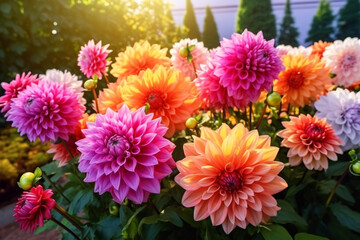 A group of colorful Dahlia flowers in the garden