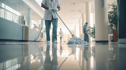 People clean the floor and clean it with a lint-free cloth or hospital cleaner. - obrazy, fototapety, plakaty