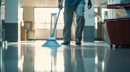 Fototapeta premium People clean the floor and clean it with a lint-free cloth or hospital cleaner.