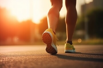 Naklejka premium closeup on shoe, Athlete runner feet running on road, Jogging concept at outdoors