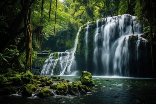 Photo of a stunning waterfall cascading through lush greenery