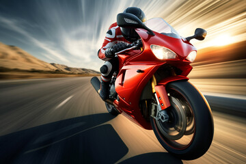 red motorbike rider at high speed along the highway,   3d rendering, AI generative  
