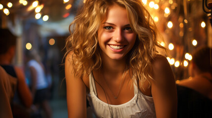 Blonde teenager twirling under cabaret lights in summer attire. - obrazy, fototapety, plakaty