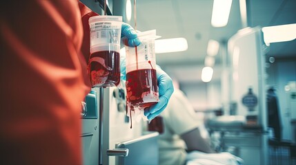Doctor's hand holding a blood bag in a blood bag analysis laboratory in a hospital blood bank. - obrazy, fototapety, plakaty